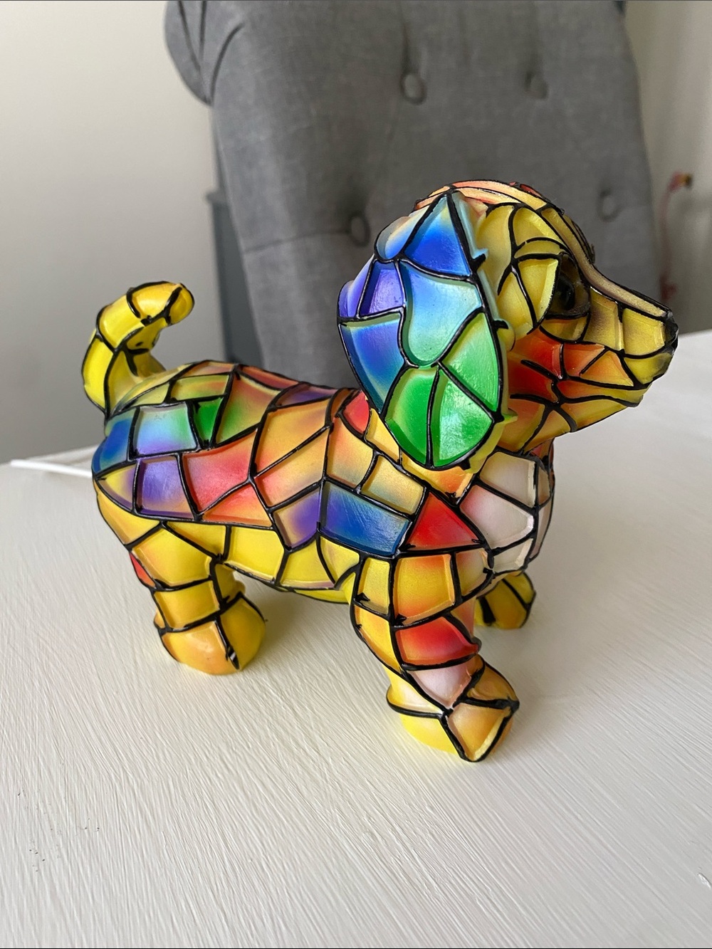 Tiffany Style Lamp Colorful Mosaic Dog Figurine LED Light, USB - Picture 3 of 11